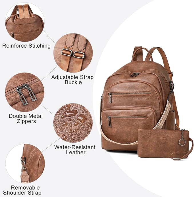 Backpack Purse for Women Laptop Backpack, Leather Travel Backpack Shoulder Bag Teacher College Daypack Work Handbag fits 14" Laptop-Brown