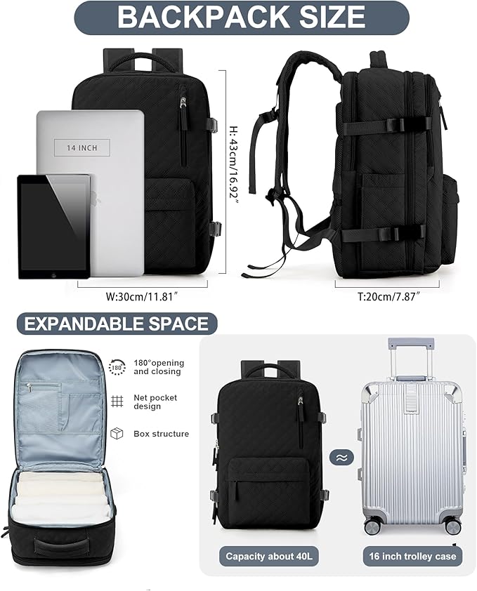 VECAVE Travel Carry on Laptop Backpack for Women Men, Flight Approved Backpack, Waterproof Sports College bag Casual Daypack for Weekender Business Hiking with Shoe Compartment black