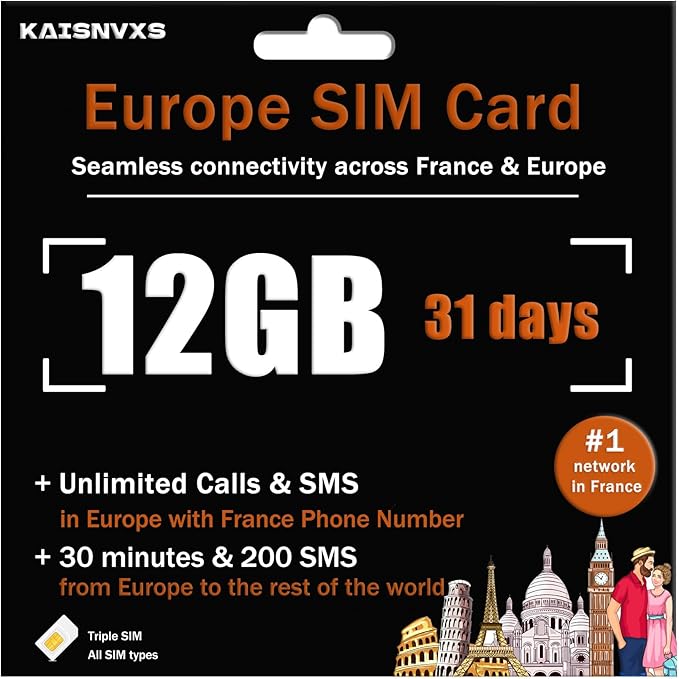 Prepaid SIM Card for Europe Travel with 12GB of 4G Data, Unlimited Calls and SMS in Europe with France Phone Number, 30 mins and 200 SMS from Europe to Worldwide(Lasts for 31 Days),Tethering Allowed