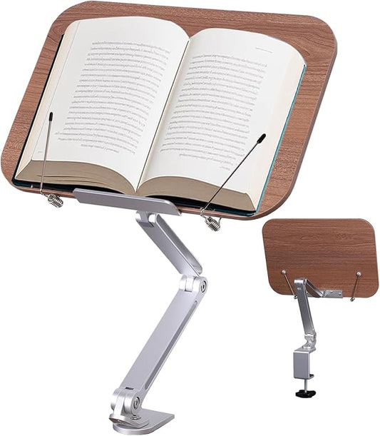 ASIEIT Book Stand for Reading, Wood Desk Clamp Book Holder, Cookbook Stand for Kitchen, Recipe Book Stand with Clamp, Height and Angle Adjustable, Foldable and Portable for Office, Bible, Recipe