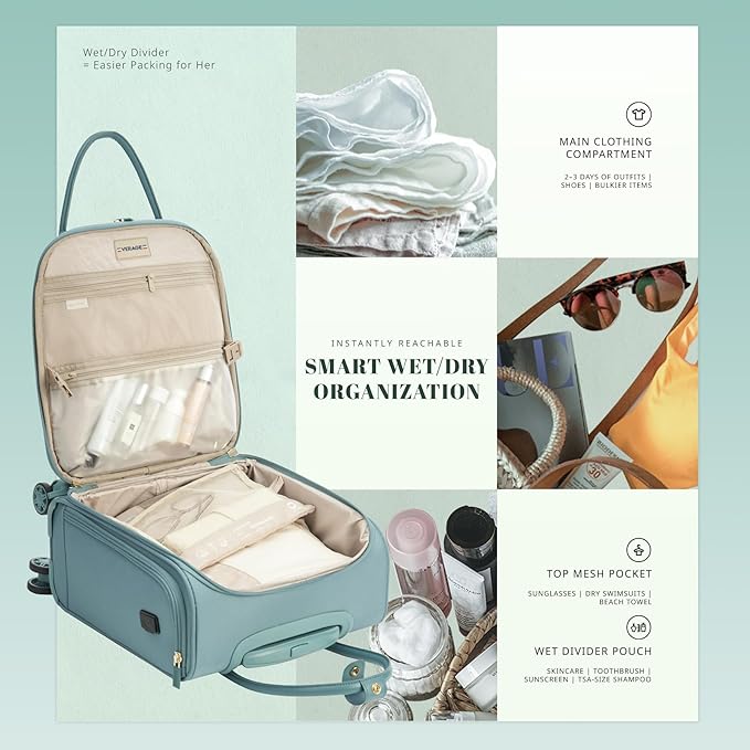 Verage 18x14x8in Spinner Underseat Carry-On Luggage -Airplane Personal Item Bag, USB A&C Charging Port, Padded Laptop Pocket & Wet/Dry Compartments for Women, Misty Aqua