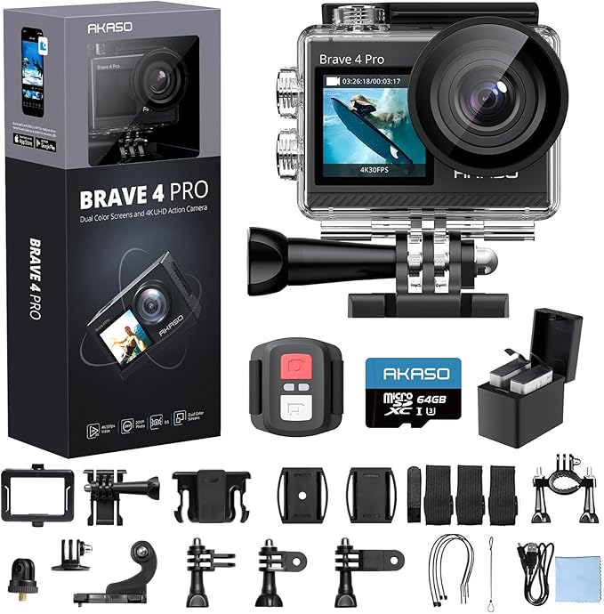 AKASO Brave 4 Pro 4K30 Action Camera with 64GB MicroSD U3 Card, 131FT Underwater Waterproof Camera EIS Touch Screen Remote Control with 2x1350mAh Batteries and Helmet Accessories Kit Bundle