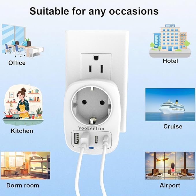 EU to US Plug Adapter 2 Packs, European Type C/E/F to US Travel Plug Adapter with 1 Europe AC Outlets, 4 USB Charger Ports (2 USB C), for Most of Europe Germany France Spain