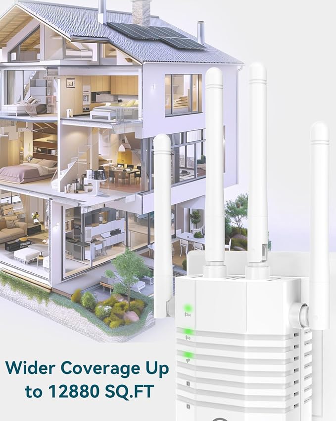 1200Mbps Dual - Band WiFi Extender Signal Booster, WiFi Extender with 4 Antennas, WiFi Booster Covers Up to 12880 Sq.ft & 105 Devices, WiFi Repeater with Wall - Plug Signal Booster for Home