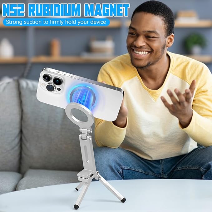 Magnetic Phone Tripod Stand for iPhone 16/15/14/13/12 Plus Pro Max Series, Aluminium Smartphone Mini Tripod Pocket Cellphone Stand, Adjustable and Foldable Magnetic Phone Holder Mountp