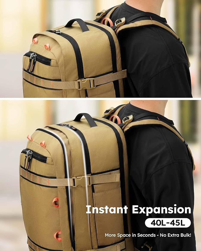 Tolaccea Travel Laptop Backpack, TSA Flight Approved Carry On Travel Duffel Backpack, Dual Laptop Storage for 17.3" and 15.6" Laptop, Large Luggage Backpack 40-45L Expandable for Men Women (Khaki)