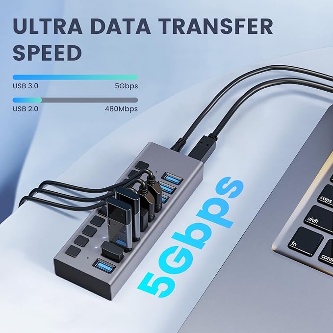 48W Powered USB Hub - ACASIS 10 Ports USB 3.0 Data Hub, Individual On/Off Switches, 12V/4A Power Adapter, Aluminum Housing, USB Splitter for PC, Computer, Mobile HDD, Flash Drive