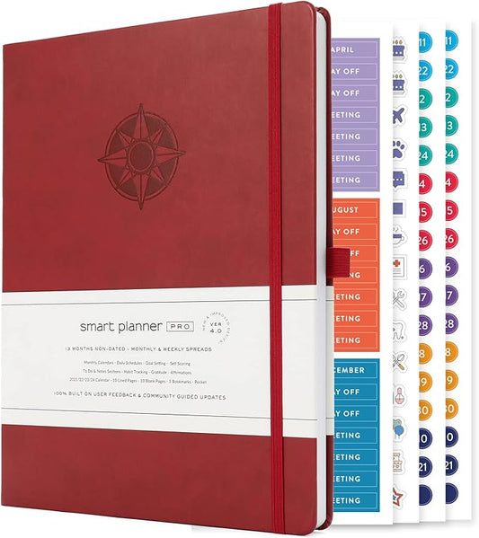 Smart Planner Pro – Undated Daily Planner – Large A4 – Achieve Goals & Increase Productivity with Weekly, Monthly, Work Sections - Organizer Diary with Back Pocket, 3 Satin Bookmarks & Pen Holder