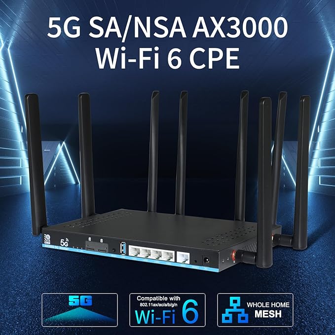 Wilflyer 5G SA NSA AX3000 WiFi 6 CPE Router for Globa Countries,Dual SIM Card Slot Celllular High Speed Wireless Router, 4 x 4 MU-MIMO，Detachable Antennas，Z8102AX-T-RM520NGL