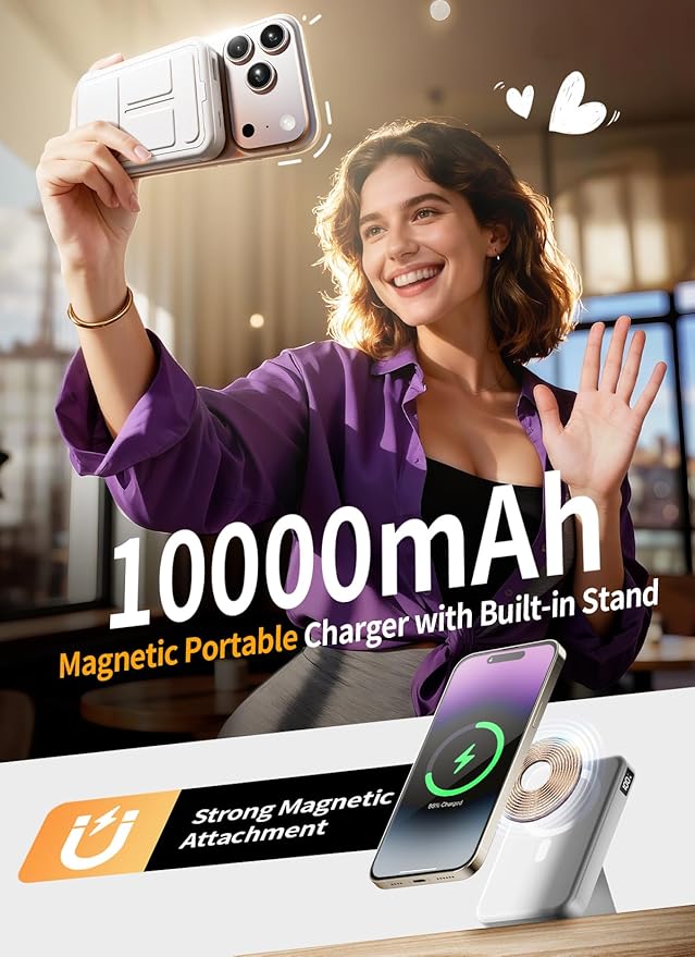 Magnetic Portable Charger, 10000mAh Wireless Power Bank with Leather Foldable Stand, USB-C 20W Fast Charging for Magsafe Battery Pack Compatible with iPhone Air/17/16/15/14 All Series