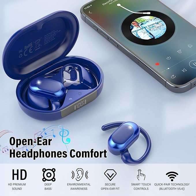 Open Ear Headphones, Bluetooth 5.4 Earphones 36H Playtime Air Conduction Headphones with Mic, Adjustable Earhook Earbuds with ENC Clear Calls/LED Display, IPX7 Waterproof Open Ear Earbuds, Blue