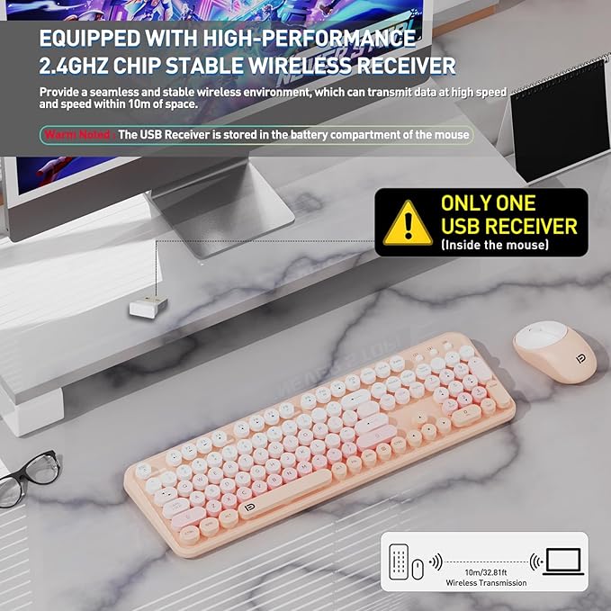 FD 2.4GHz Wireless Keyboard and Mouse Combo with Switch Button - Full-Size Keyboard - Compatible for Windows/Laptop/PC/Notebook/Smart TV and More - Light Pink Colorful