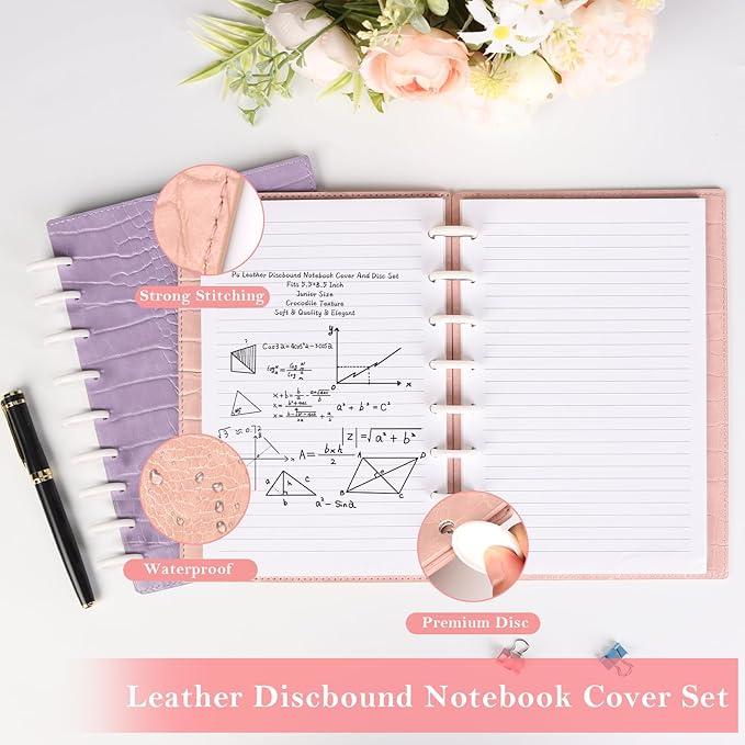2 Pack Pu Leather 7X9.25 In Discbound Notebook Cover And Disc Set Discbound Planner Cover With 18 Pcs Expansion Discs 9-Disc Disc Bound Notebook Accessories(Pink+Purple;No Inner Paper)
