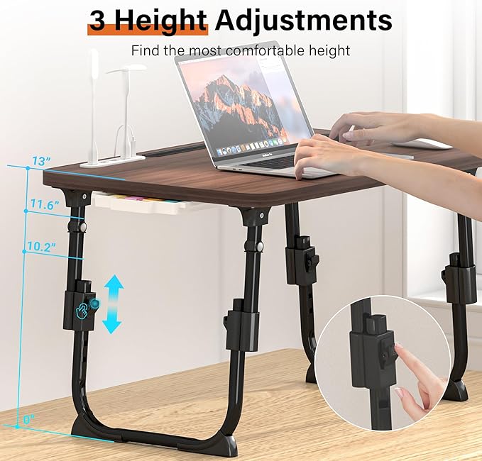 Laptop Desk for Bed Height Adjustable, Lap Bed Table with USB/Storage Drawer/Cup Holder/Tablet Stand/Book Shelf, Foldable Breakfast Tray Portable for Reading Writing, Sofa & Floor, Walnut