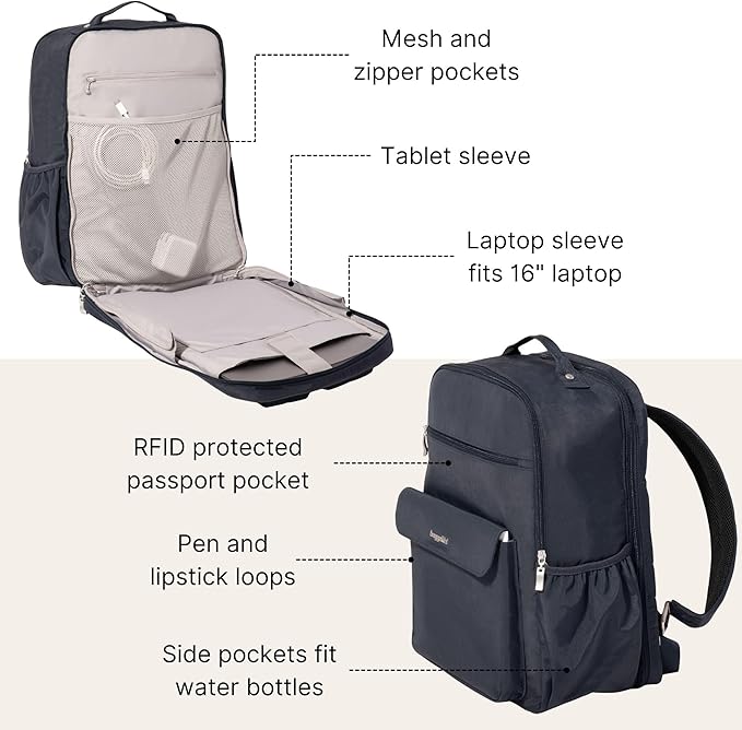 Baggallini Everyday Laptop Backpack - 11x15.5 Lightweight Water-Repellent Nylon Travel Bag w/Padded Laptop Sleeve & RFID