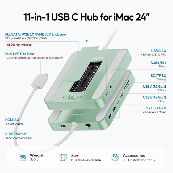 Upgraded 11 in 1 USB C Hub for iMac 24 inch USB Hub 2021 2023 2024 Support M.2 SSD (NOT Included), iMac Hub M1 M3 M4 Accessories, 4K HDMI, 2.5G Ethernet, 5 USB A/C Max 10Gbps, SD/TF - Green