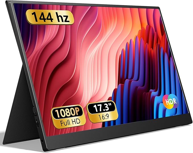 17.3" Portable Monitor 1080P FHD 144Hz Narrow Edge Laptop Monitor USB C HDMI Gaming Computer IPS HDR Screen, Travel Monitor for PC Mac Phone Xbox PS5 Switch Laptop w/Smart Cover & Speakers