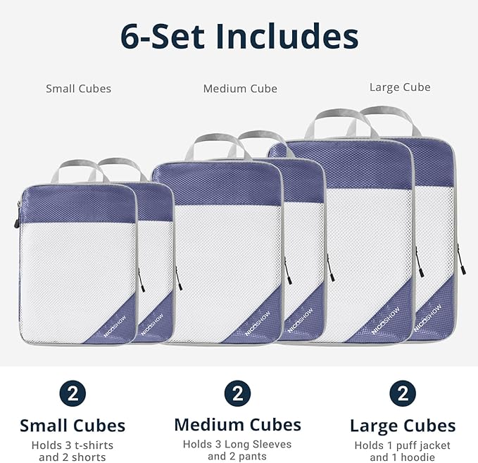 Compression Packing Cubes 6 Set, Compressible Space-Saving Packing Cubes for Travel - Compression Bags, Luggage Organizer, Travel Essentials for Women, Bluish Purple
