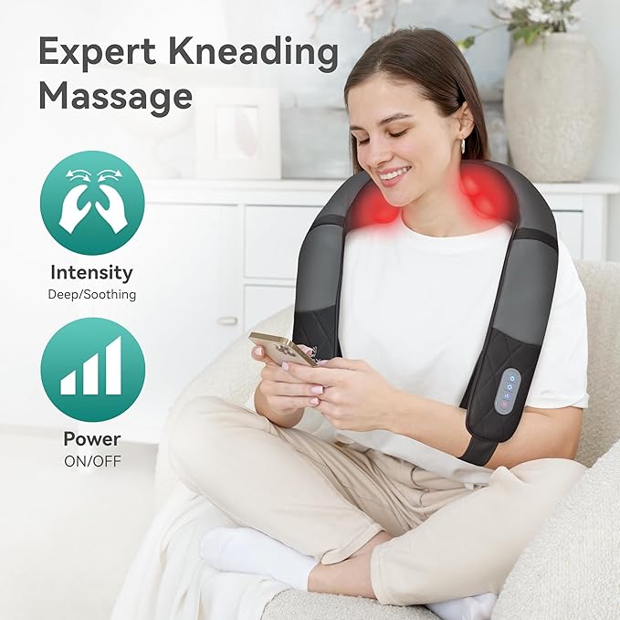 Snailax Rechargeable Neck Massager with Heat, Shiatsu Back and Neck Massager, Cordless Portable Deep Kneading Shoulder Massage Pillow, Gifts for Dad Mom