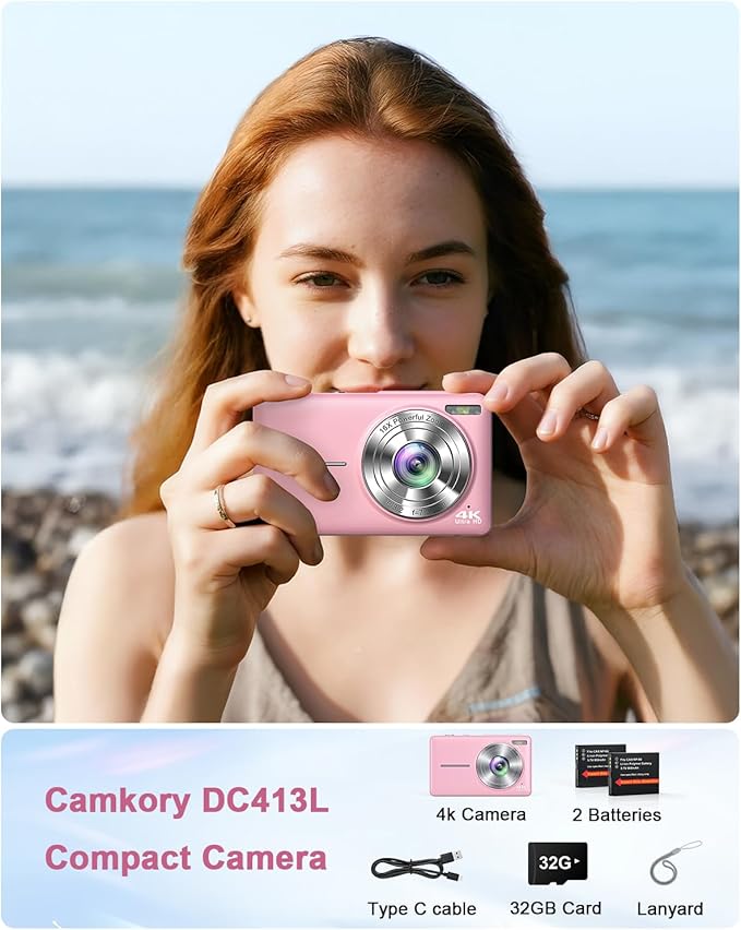 Digital Camera, 4K 64MP Cameras for Photography, Small Compact Point and Shoot Digital Camera with Auto Focus, Dual Camera, Flash, 16X Zoom, 32GB Card, Vlogging Camera for Teens,Boys, Girls