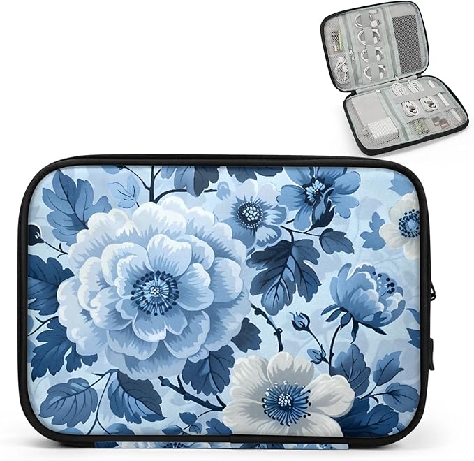 Blue Flowers Electronics Travel Organizer Case, Tech Accessories Cable Storage Bag for Cords, Charger, Phone, Hard Drive