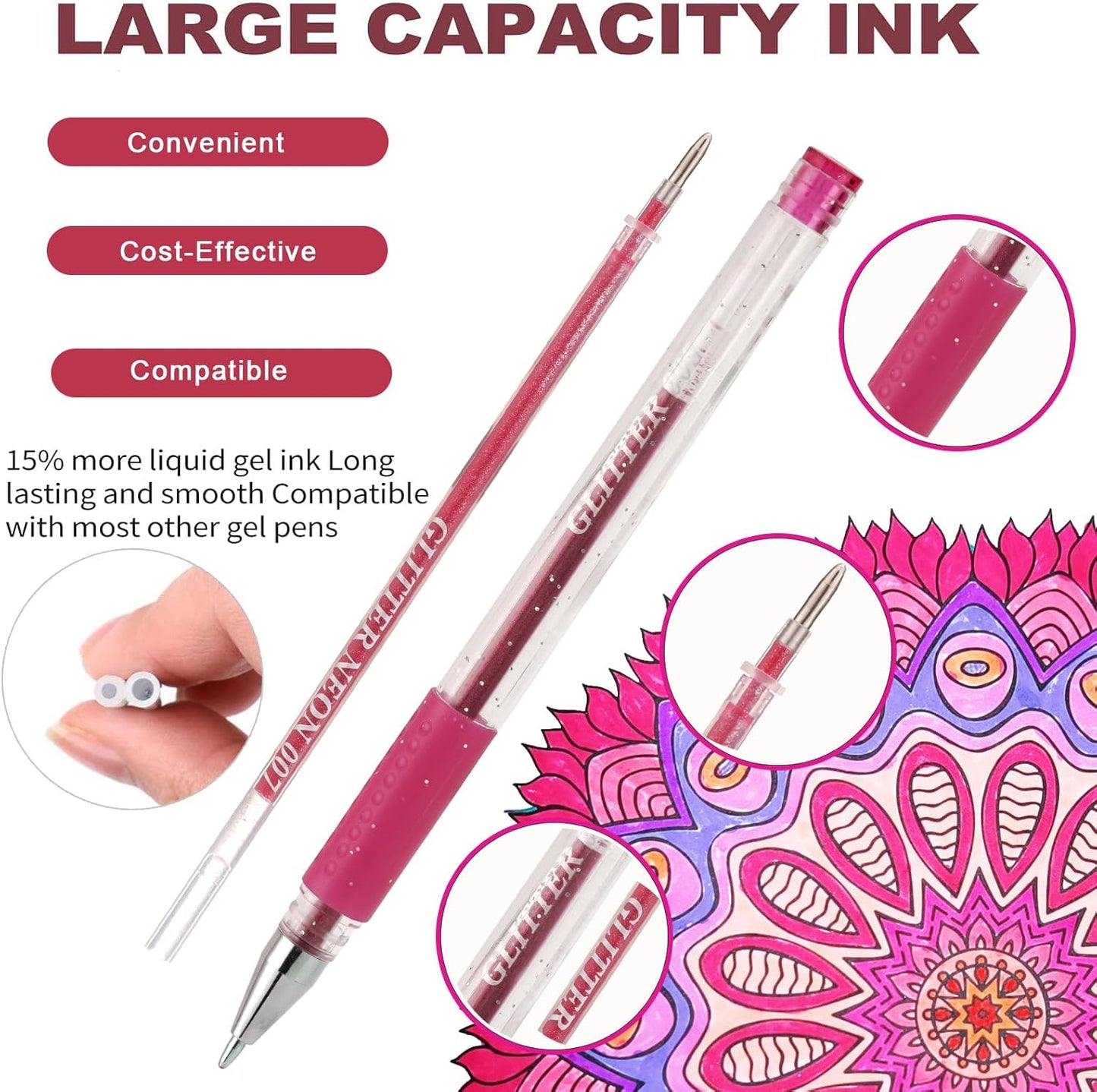 Red Pink Gel Pens for Coloring Book,72 Color Gel Pens Set including 24 Color Gel Pen with 48 Refills,40% More Ink Colored Gel Pens for Drawing, Doodling, Scrapbook, Journaling