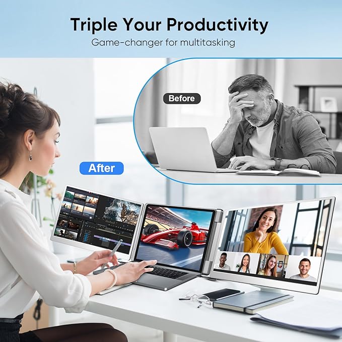 LXU 16-inch Portable Monitor for Laptop | 2025 New Upgraded 1200P 16:10 FHD Screen Extender | Plug-Play Laptop Extended Monitor | USB-C/HDMI Triple Display for 12~18.5" MacOS/Windows | 360° Rotatable