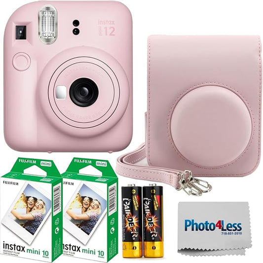 Fujifilm Instax MiniI 12 Instant Film Camera Blossom Pink, Fujifilm Instax Mini Twin Pack Instant Film 20 Prints, Prtotective Case, Gift Bundle