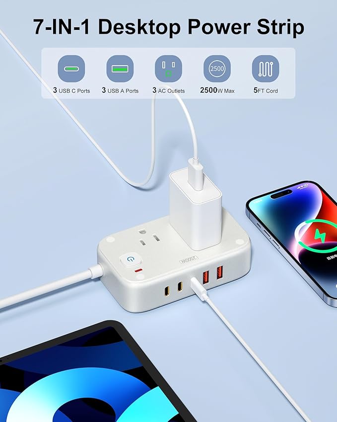 Power Strip with USB C - 40W Charging Station with 2 Outlets 3 USB A & 2 USB C - Charger for Multiple Devices, 5Ft Flat Plug Extension Cord, Non Surge Protector for Cruise Travel Office(White)