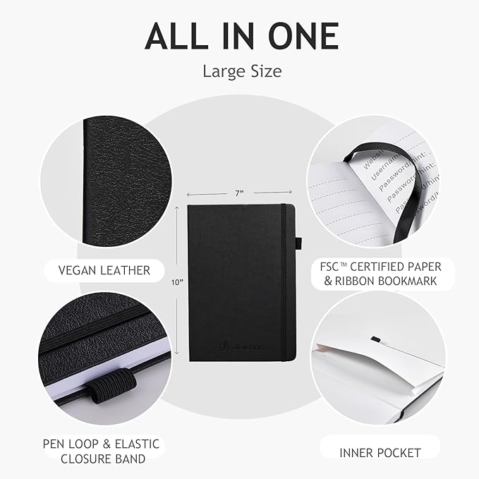 JUBTIC Password Book with Individual Alphabetical Tabs, 7"x10" Internet Password Keeper Book for Seniors, Password Notebook and Organizer/Notes Section, Black