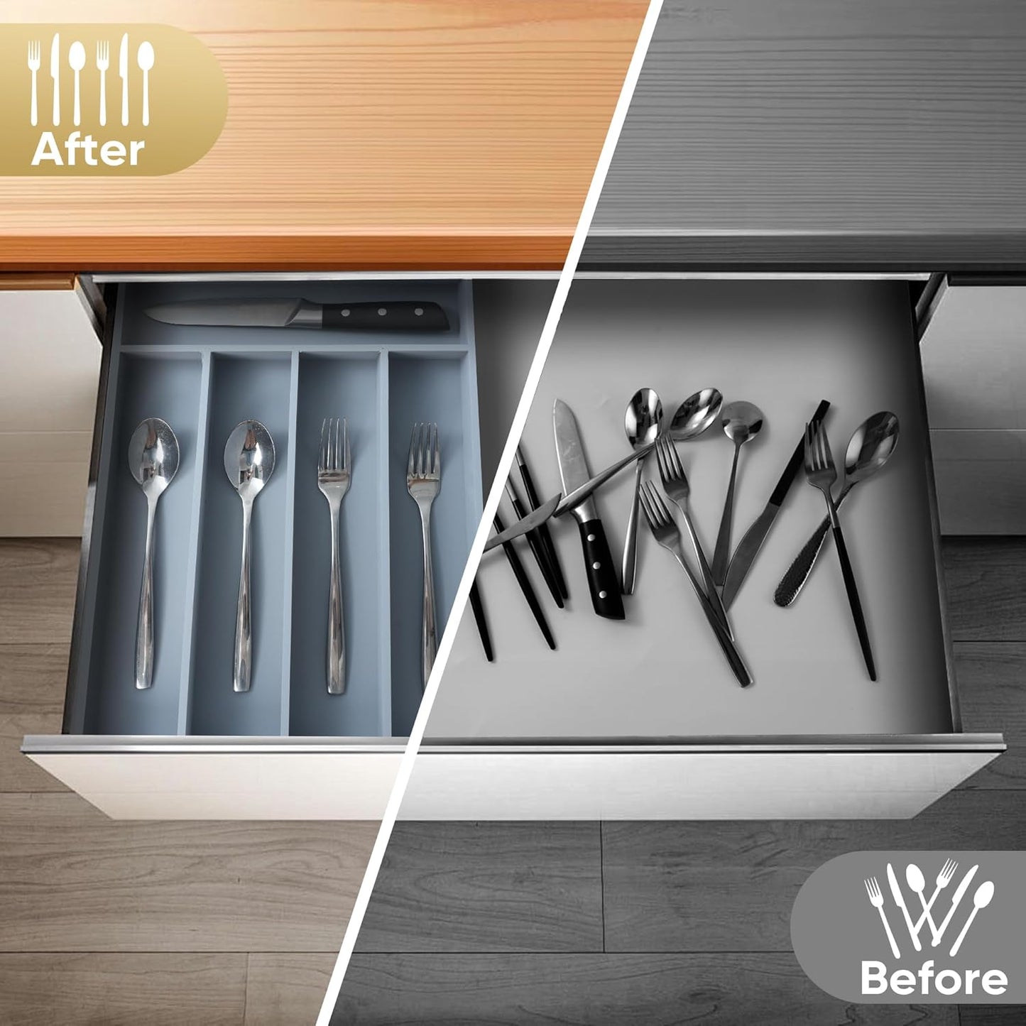 Silverware Organizer, 10 Inch Utensil Organizer Kitchen Drawer Organizer Bamboo Silverware Holder Cutlery Tray Organizer in Drawer Flatware Organizer Tray(5 slots, Gray）