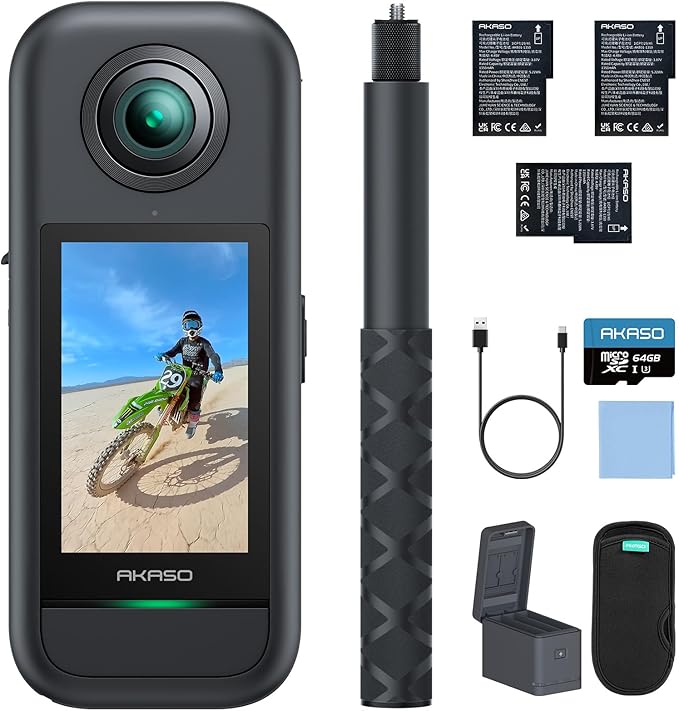 AKASO 360 Weatherproof 360° Action Camera - 5.7K 360 Video with 1/2" 48MP Sensors, 72MP 360 Photo, 360-SuperSmooth, Invisible Selfie Stick, 360° Horizon Lock, AI Tracking with 64GB MicroSD Card