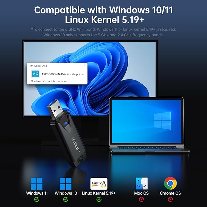 EDUP Mini USB 3.0 WiFi 6E Adapter for PC, AXE3000, 802.11ax, Tri-Band 6GHz/5GHz/2.4GHz, USB Wi-Fi Dongle Wireless Network Card, Support Windows 11/10 (Install Driver) & Linux (Plug and Play)
