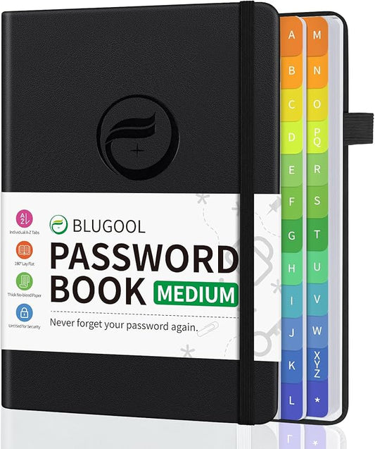 Password Book with Alphabetical Tabs, Password Keeper Book for Seniors, Hardcover Password Notebook for Individual & Colorful Tabs, Password Organizer for Website Logins, 5.3" x 7.7", Black