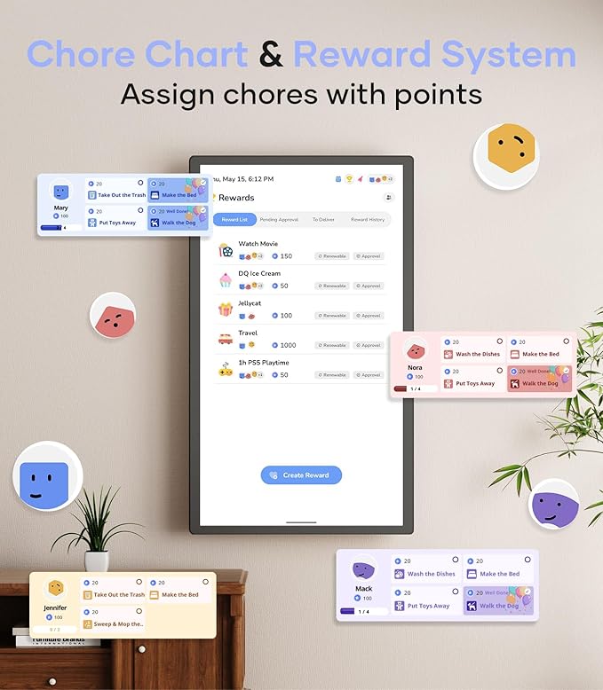 Cozyla Digital Calendar+ 2: 24 inch Wall Planner Touch Screen Chore Chart Customize Dashboard Smart Electronic Calendar for Family Schedules Meal Planner Support Any Google Play App Wall Mount Black