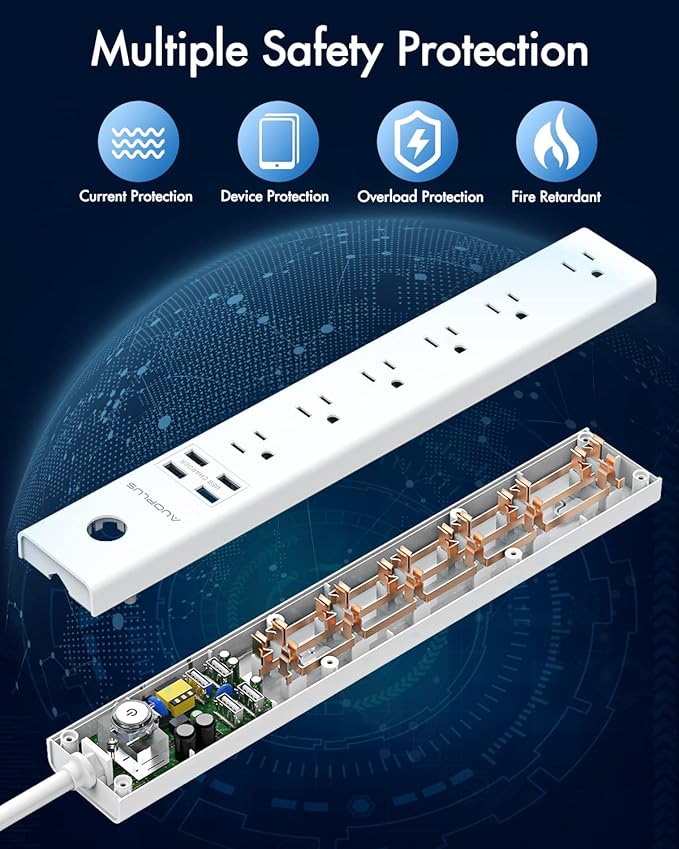 15 Ft Power Strip Surge Protector, 6 Outlets and 4 USB Ports, Flat Plug Power Strips Long Extension Cord with Overload Protection, Wall Mount for Home, Office, Dorm, ETL Listed White