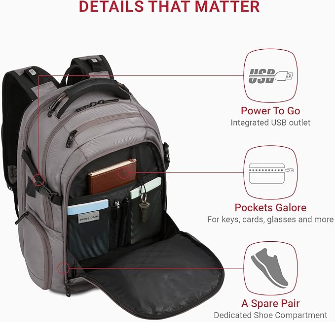 SwissGear Travel Tech Elite Laptop Backpack – Fits Laptops up to 16” – ScanSmart TSA-Friendly Backpack with USB Port, Shoe Compartment & Organizer Pockets – Grey Ballistic