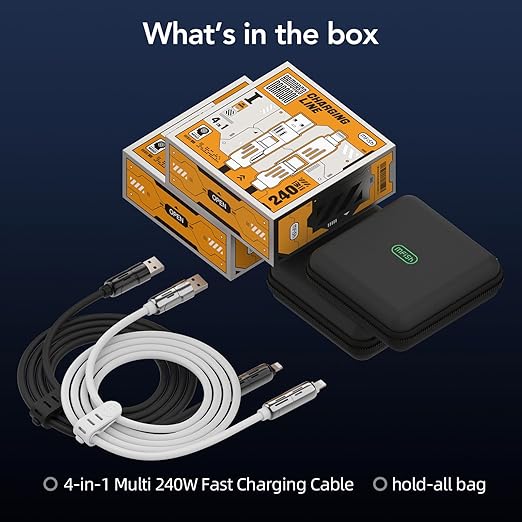 MFish 240W 4-in-1 Universal USB Charging Cable [2 Pack, 6.6ft] – Fast Charger Cord with USB-A, Dual USB-C & Lighting, for iPhone 14/15/16/17 Series, iPad & MacBook & More (2PACK, Black+White, 6.6Ft)