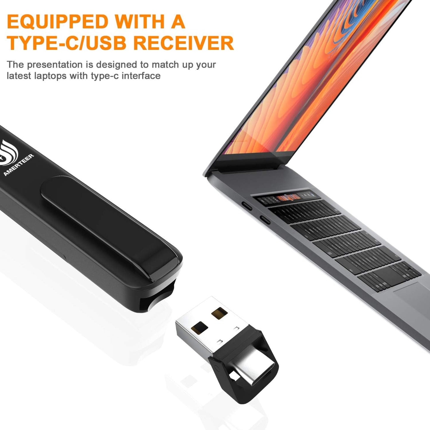 AMERTEER Wireless Presentation clicker for PowerPoint presentations with Hyperlink & Volume Control, RF 2.4GHz USB and Type-C for MacBook/Air/Pro