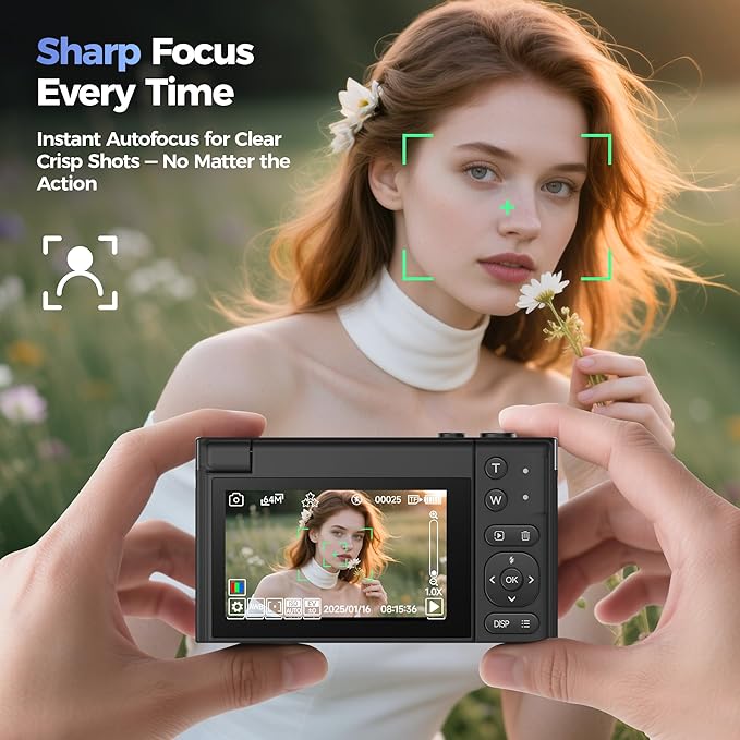 Digital Camera 4K for Photography Vlogging: 64MP Cameras for Video - 16X Zoom Photo Camera Gifts for Teens Ages 8-18 - 180°Flip Screen Compact Cámara - Point and Shoot Digital Cameras for YouTube