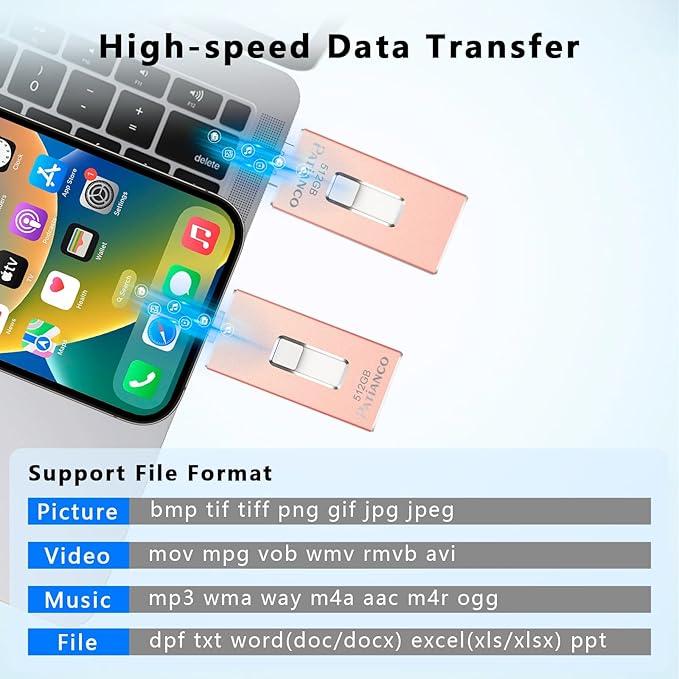 Photo Stick Apple MFi Certified for iPhone 256GB, USB Flash Drive for iPhone Thumb Drive, iPhone-Memory-Stick for iPad/iPhone/Computer Picture Keeper Portable Hard Drive Pink