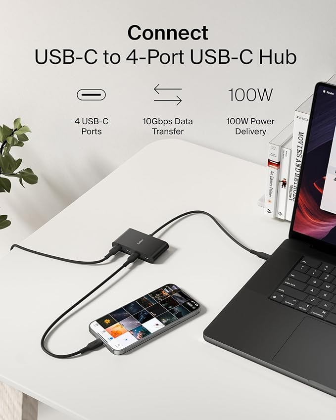 Belkin Connect USB-C to 4-Port Hub, Multiport Adapter with 4 USB-C 3.2 Gen2 Ports & 100W PD with Max 10Gbps High Speed Data Transfer for MacBook, iPad, Chromebook, PC, and More, Blac