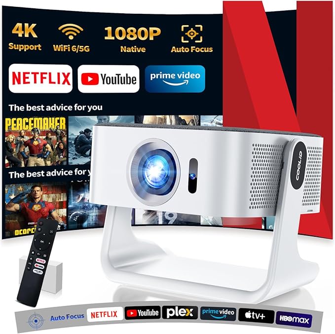 [Netflix-Licensed Projector] Projector 4K , 1080P Smart Mini Projector with WiFi & Bluetooth, Portable Outdoor Projector Auto Focus & Keystone, 270° Adjustable Stand for Home Movie Projector - White