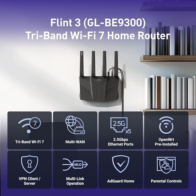 GL.iNet GL-BE9300 (Flint 3) Tri-Band WiFi 7 Router, High-Speed 6GHz Gaming WiFi Router for Wireless Internet, Long Range, 5 x 2.5G VPN Routers for Fiber Optic Modem, Computer Routers, Home & Business