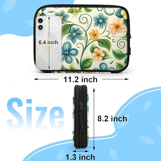 Blue Orange Flowers Electronics Travel Organizer Case, Tech Accessories Cable Storage Bag for Cords, Charger, Phone, Hard Drive