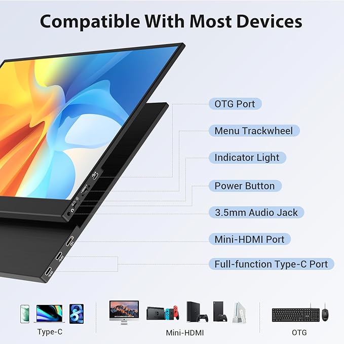 HotYeah Portable Monitor, 16.1in 1080P FHD Laptop Monitor USB-C HDMI External Computer Display HDR IPS w/Smart Cover & Speaker, 2nd Screen for PC Mac Phone Switch PS5