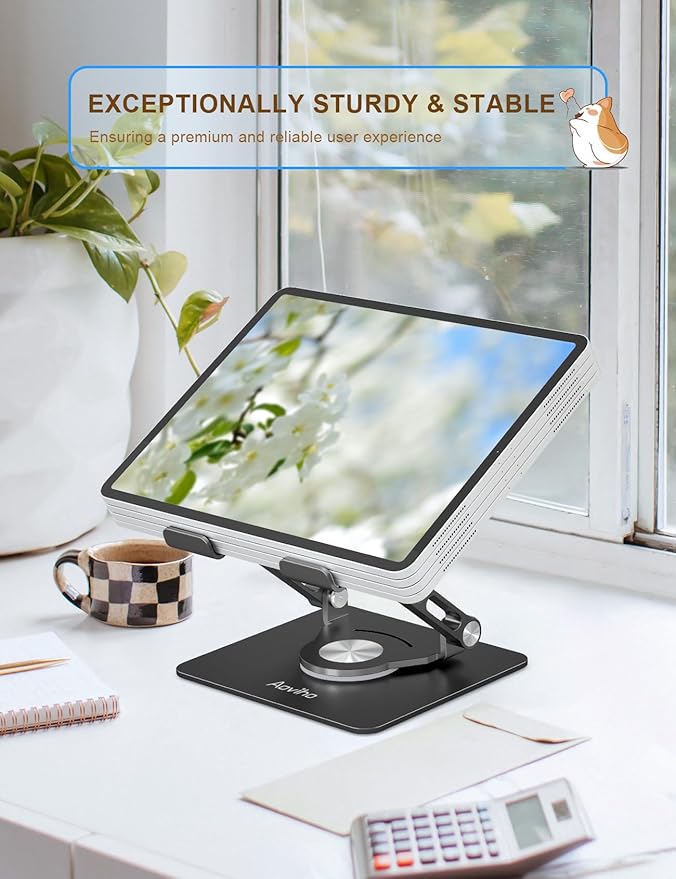 Tablet Stand 360° Rotating Aluminum Holder, Adjustable, Portable and Foldable Monitors Stand for iPads, Compatible with 4-12.9" Tablets, Ink Black