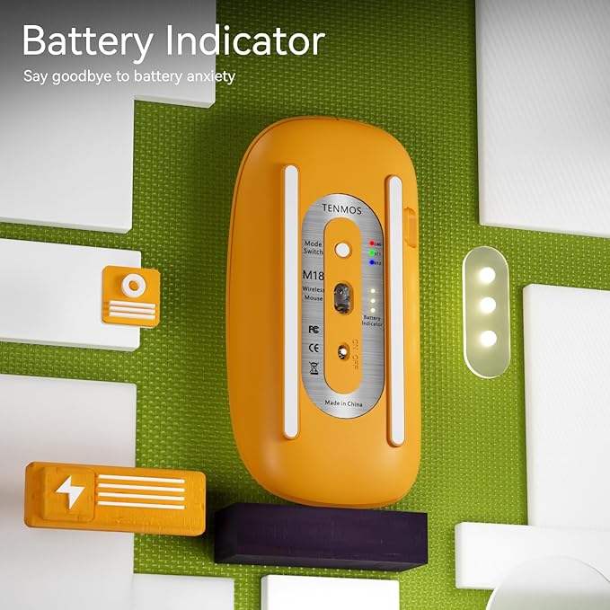 TENMOS M18 Bluetooth Mouse, USB C Rechargeable Wireless Mouse, Triple Mode (Dual Bluetooth+USB) Computer Silent Mice Portable with USB Receiver and Type C Adapter for Laptop/MacBook/iPad/PC - Orange