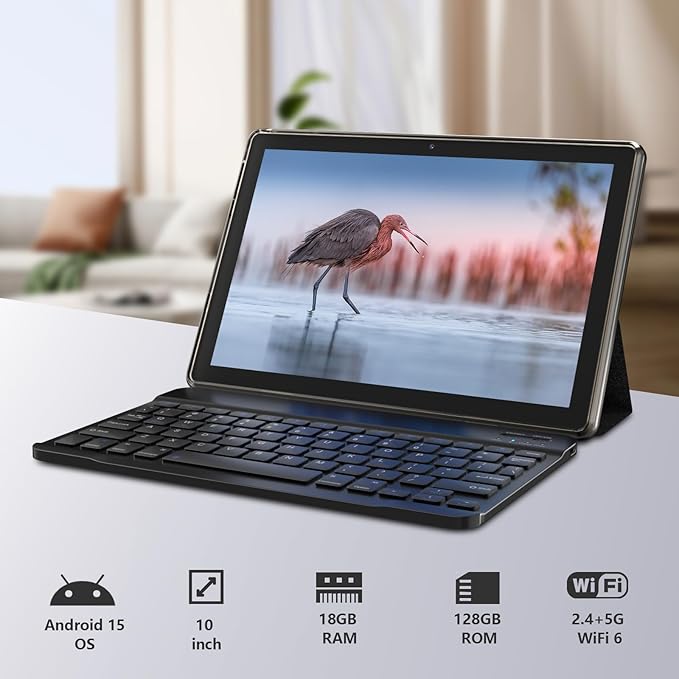 Android 15.0 10Inches Tablet, 18GB RAM+128GB ROM+2TB Expandable, Tab Set with Keyboard/Case/Mouse/Stylus, 2.0GHz Quad-core Processor, 1280 * 800 IPS HDScreen, 5G WiFi6 BT 5.0 (Black)