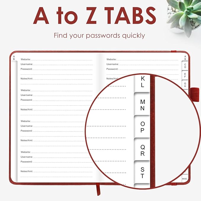 Elegant Password Book with Alphabetical Tabs - Hardcover Password Book for Internet Website Address Login - 5.2" x 7.6" Password Keeper and Organizer w/Notes Section & Back Pocket (Wine Red)